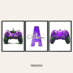 three purple video game controllers with the letter a