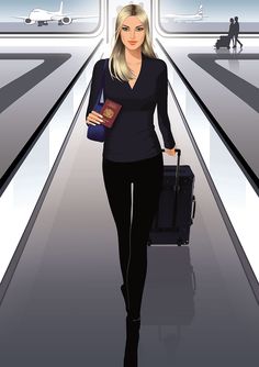 a woman is walking down an airport with her suitcase and book in hand as she walks towards the camera