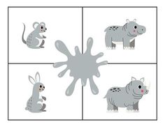 four pictures of different animals and one is grey with white spots on it's face