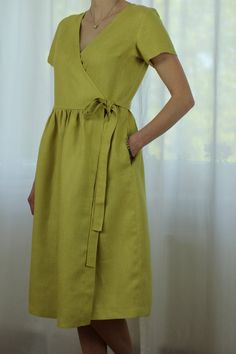 "Spring dress, Write the selected color in the message Handmade yellow wrap dress with short sleeves, 2 pockets and belt , perfect for casual wear and suitable for any occasion in any season Details: - 100% natural linen produced in Europe ; - medium weight (180 gram per square meter); - color: yellow, could be any from our colors catalog (color samples at the photo); Made to order, approximately a few days, If you have any questions please message me and I will be glad to answer. Size guide : S Casual Wrap Dress, Yellow Wrap Dress, Cotton Dress Indian, Wrap Dress Casual, Linen Casual Dress, Linen Summer Dress, Womens Wrap Dress, Linen Dress Women, Linen Summer