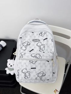 BirdinBag - Preppy Laptop Backpack: Cartoon Bear & Letter Graphic Design White Large Capacity Shoulder Bag For Study, Kawaii White Backpack For Everyday Use, White Kawaii Backpack For Everyday Use, Kawaii White Shoulder Bag For Back To School, Cute White Backpack For Study, White Kawaii Shoulder Bag For Back To School, White Shoulder Bag For Back To School, Kawaii White Backpack For Students, Cute White Everyday Backpack