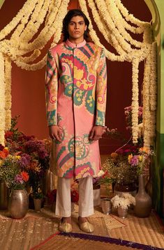 Siddhartha Bansal-Pink Royal Paisley Sherwani With Churidaar-INDIASPOPUP.COM Siddhartha Bansal, Pink Sherwani, Abstract Print Pattern, Embroidered Buttons, Wedding Sherwani, Abstract Floral Print, Female Model, Pink Suede, Churidar