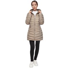 This Rokka&Rolla Women's Hooded Water-Resistant Lightweight Packable Long Coat Puffer Jacket is at mid-length which is great for casual, everyday wear. What makes this women's lightweight puffer jacket unique is because of its packable and foldable feature into a travel-sized pouch while still remaining compact. With a water-resistant DWR finish, it allows you to stay dry at all times when partaking in outdoor activities. The women's bubble coat is heat insulated to keep you staying warm and coz Winter Nylon Parka With Long Sleeves, Beige Hooded Winter Outerwear, Beige Hooded Outerwear For Winter, Winter Beige Outerwear With Double-lined Hood, Hooded Beige Outerwear For Cold Weather, Beige Double-lined Hood Winter Outerwear, Beige Hooded Jacket For Winter Outdoor Activities, Beige Hooded Jacket For Outdoor Winter Activities, Casual Khaki Puffer Jacket For Cold Weather