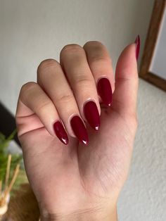 Almond Acrylic Nails Burgundy, Maroon Oval Acrylic Nails, Crimson Red Almond Nails, Dark Red French Tip Nails Almond Design, Red Nails Extension, Dark Red Nails Almond Shape, Deep Red Almond Nails, Burgundy Nails Almond, Oval Red Nails