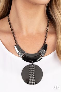 Three curved gunmetal bars, stamped in studded texture accents, connect to a gunmetal chain across the collar. An oversized gunmetal disc, divided down the center with texture, swings from the bottom resulting in an edgy modern finish. Features an adjustable clasp closure.

 Sold as one individual necklace. Includes one pair of matching earrings. Bedazzled Jewelry, Necklaces Indian, Black Order, Jewelry Beach, Mixed Metal Jewelry, Earrings Simple, Paparazzi Accessories, Jewelry Boho, Black Necklace