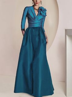 Long Sleeves Formal Dress, Elegant Gowns Evening, Mother Of The Bride Dresses Blue, Blue V-neck Mother Of The Bride Dress For Party, Blue Evening Dresses With 3/4 Sleeves, Elegant Blue A-line Mother Of The Bride Dress, Glamorous Blue Floor-length Mother Of The Bride Dress, Mother Of The Bride Dresses Vintage, Blue Embellished Floor-length Mother Of The Bride Dress