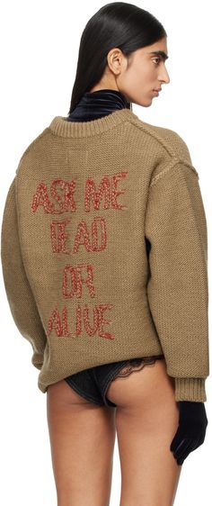 Knit wool sweater. · Rib knit crewneck, hem, and cuffs · Jacquard graphic and cutouts at front · Dropped shoulders · Jacquard text at back Supplier color: Brown Knit Crewneck, Brown Sweater, Wool Sweater, Wool Sweaters, Drop Shoulder, Zombie, Rib Knit, Acting, Crew Neck