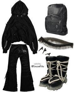 Top - @bohemeriots “GEN-1” Thrashed Layered Hoodie Pants - Tornado Mart Black „Rose“ Lace Up Pants (via @paroxarchive on ig) Belt - Bullet Belt (via @7sehnsucht on ig) Backpack - Chrome Hearts Cemetery Backpack (via @internationalarchive on ig) Footwear - Rick Owens FW22 ‘GETHSEMANE’ Lunar Boots (via @shopthroat on ig) Belts Outfits, Chrome Hearts Outfit, Bullet Belt, Rick Owens Boots, Zombie Apocalypse Outfit, Tornado Mart, Bad And Bougie, Lace Up Pants, Style Balenciaga