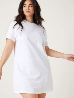 SHEIN BASICS Plus Short Sleeve Solid Tee Dress – Chicgrl Loungewear Dress, Plain White Tee, Traje Casual, Plain Tees, Round Neck Tees