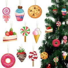 a christmas tree decorated with assorted candy and donuts hanging from it's sides