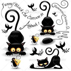 black cats with yellow eyes and tails are set in various poses to create an adorable halloween scene