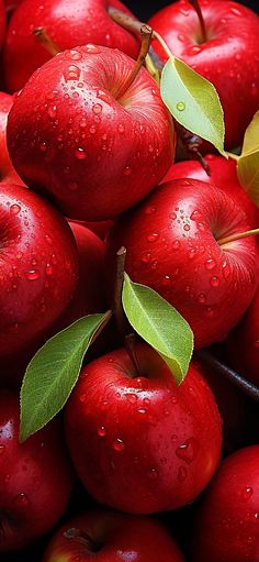 a pile of red apples with green leaves and water droplets on them, sitting next to each other