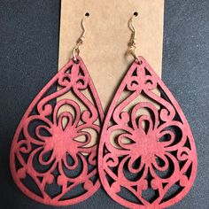 Lazer Cut Wooden Earrings. Lightweight. Apx. 3.5" Long From Top Of Hook Trendy Red Teardrop Earrings, Large Silver Hoop Earrings, Lazer Cut, Bling Earrings, Sunflower Earrings, Round Stud Earrings, Halloween Earrings, Fashion Jewelry Earrings, Enamel Earrings