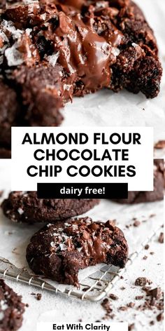 chocolate cookies are stacked on top of each other with the words, almond flour chocolate chip cookies