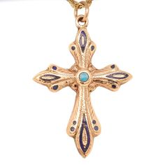 A fine antique pendant cross.  In 10 karat rose-tinted gold.  With navy & light blue enamel and etched decoration throughout.  Simply a wonderful antique cross or crucifix!  (Chain not included)  Date: 20th Century  Overall Condition: It is in overall fair, as-pictured, used estate condition  Condition Details: There are some minor losses to the enamel, a visible opening from the manufacturing process to the center-left, some scratching throughout, and light edge wear. Otherwise, there are some very fine & light surface scratches and other signs of expected light wear consistent with age.   Marks:  Unmarked  Fineness: Unmarked for gold fineness. Professionally tests at 10k.  Measurements: Width: ca. 1 1/4 in. Height: ca. 1 7/8 in. Depth: ca. 1/16 in.  Weight: 2.8 g  Please see our other re Antique Cross Necklaces For Collectibles, Victorian Hallmarked Cross Pendant Jewelry, Antique Hallmarked Crucifix Jewelry, Antique Bronze Crucifix Jewelry, Antique Collectible Cross Jewelry, Traditional Collectible Cross Jewelry, Antique Collectible Crucifix Jewelry, Traditional Cross Jewelry For Collectors, Antique Crucifix Collectible Jewelry