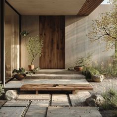 a wooden bench sitting in the middle of a courtyard