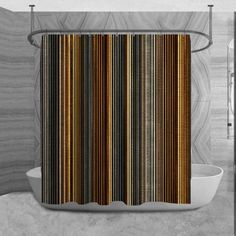 a bathroom with a striped shower curtain