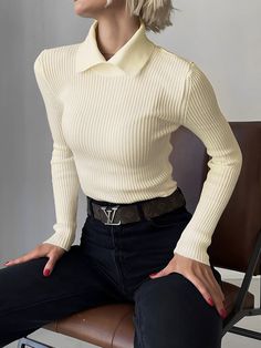 Vanilla Polo Long Sleeve Knit Top Streetwear Spring, Y2k Summer Outfits, Long Sleeve Knit Top, Tank Outfit, Womens Dress Suits, Polo Long Sleeve, Plain Style, Collar Sweater, Long Sleeve Knit Tops