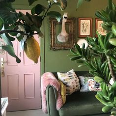 a living room filled with furniture and lots of green leaves on the wall next to a pink door