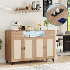 a wooden cabinet with glass doors and shelves on the wall next to a dining room table