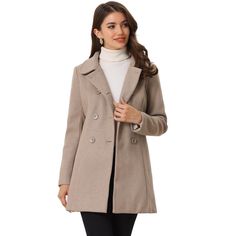 Timeless, sophisticated, and versatile, the regular-fit peacoat is an essential piece for your wardrobe. Cut in a short tailored silhouette with a doll collar, slanted pockets, and double-breasted front black buttons. Wear over chunky knitted jumpers and cute boots for a playful take on cold-weather textures. The fabric of this trench coat is soft, breathable, and comfortable to wear in winter, good quality, and chic. This fashionable and trendy clothes for women can not only be worn daily, but Beige Fitted Pea Coat With Lapel Collar, Fitted Beige Pea Coat With Lapel Collar, Fitted Collared Outerwear For Office Wear, Collared Outerwear With Button Closure For Office, Fitted Beige Pea Coat For Work, Beige Winter Outerwear For Office, Beige Outerwear For Office Wear In Winter, Solid Double-breasted Outerwear For Office Wear, Fitted Collared Pea Coat With Double Button Closure