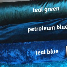 three blue pillows with the words teal green, petroleum blue and teal blue on them