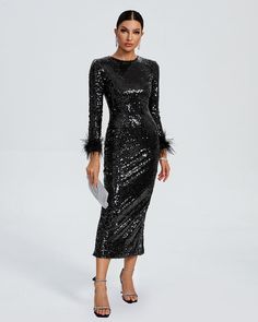 Maxi Feather Sequins Dress Black Long Sleeve Midi Dress, Sequin Evening Dress, Sequin Evening Dresses, Feather Trim, Black Evening Dresses, Sleeve Midi Dress, Daily Dress, Dress Jewelry, Long Sleeve Midi