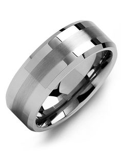 men's wedding band in white gold with black and gray stripes, 8mm