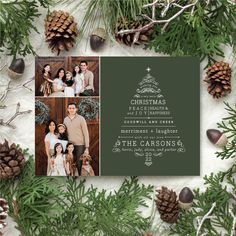 the christmas card is surrounded by pine cones