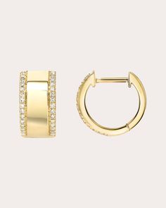 Forged in solid 14-karat gold, these thick huggie earrings decorate their outer edges with pavé-set diamonds for shimmering appeal. Hinge click closure 14k yellow gold and diamond Diamond carat: 0.14 ctw Polish with soft cloth Made in the USA Measurements Width: 0.23in Inner diameter: 0.31in Outer diameter: 0.43in | Zoe Lev Women's Diamond Thick Huggie Earrings in Gold Gold Diamond Hoop Earrings, Huggie Earrings Gold, Diamond Carat, Diamond Hoop Earrings, Huggie Earrings, Women Diamond, Huggies Earrings, Gold Diamond, Gold Earrings