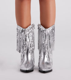 Sparkly Vibes Metallic Fringe Cowboy Boots Western Party Boots With Fringe, Spring Boots With Rhinestone Fringe, Party Boots With Fringe And Pointed Toe, Pointed Toe Party Boots With Fringe, Fall Rhinestone Fringe Boots For Night Out, Fall Night Out Boots With Rhinestone Fringe, Trendy Party Boots With Fringe, Trendy Fringe Boots For Party, Sequin Boots For Fall