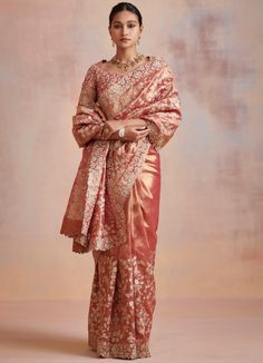 Rust Gold tissue saree With Embroidered blouse Suhino - Fabilicious Fashion Gold Tissue Saree, Royal Blue Saree, Seema Gujral, Simple Saree Designs, Orange Saree, Tissue Saree, Gold Chain Design, Indian Wedding Wear, Aari Work