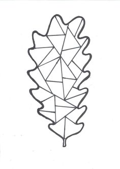 a black and white drawing of an acorn or oak leaf with geometrical shapes