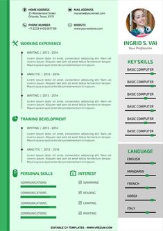 a green and gray resume with an image on the front, side and top corner