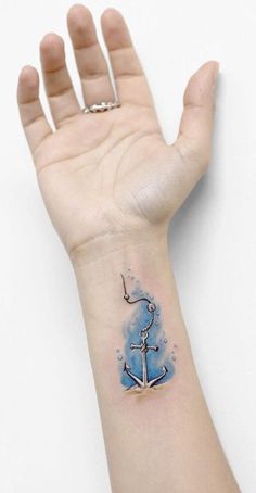 a person's hand with a tattoo on the wrist and an anchor in the middle