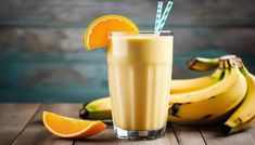 two bananas and oranges next to a glass of milkshake on a wooden table