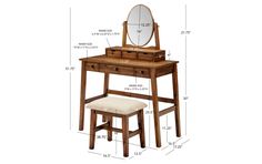 an image of a wooden vanity with stool and mirror on the top shelf, measurements