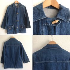 "Vintage denim jacket - Experience Made in England 1970s Denim jacket with toggle button closure. Slightly flared cut . Wooden buttons on front and pockets. Long flared sleeves with hem finishing. Small shirt collar. Squared cotton lining in pockets, backside of the collar and on inner button tape. Label inside and on the front pocket (erased) Vintage item in very good condition. 100% Cotton Size (according to the label) : Chicks size 10/34 Our model wears usually size S (34/36) and measures 170 Retro Button-up Denim Jacket For Work, Retro Denim Outerwear With Buttons, Vintage Button-up Outerwear, Vintage Collared Denim Jacket, Retro Cotton Denim Jacket With Buttons, Retro Cotton Denim Jacket With Button Closure, Vintage Long Sleeve Denim Jacket With Buttons, Vintage Denim Collared Outerwear, Vintage Collared Denim Outerwear