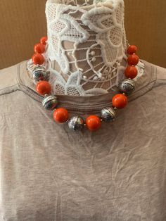 Paparazzi orange and silver necklace Bohemian Orange Necklaces With Silver Beads, Orange Long Necklace Gift, Orange Long Necklace For Gifts, Orange Jewelry With Silver Beads As A Gift, Orange Jewelry With Silver Beads For Gift, Orange Long Necklace For Gift, Long Orange Necklace For Gift, Orange Beaded Round Necklace, Orange Round Beads Costume Jewelry