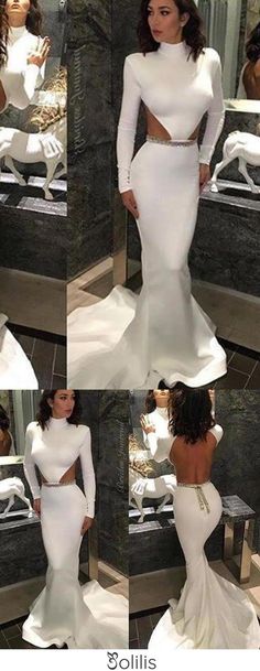 Satin Fishtail Wedding Dresses, White Backless Evening Dress For Prom Season, White Backless Evening Dress For Prom, Backless Mermaid Wedding Dress For Prom Season, White Prom Evening Dress With Back Opening, Satin Mermaid Dress For Wedding, Satin Stretch Wedding Dress, Fitted Mermaid Bridesmaid Dress With Sweep Train, Fitted Mermaid Dress With Sweep Train For Bridesmaids