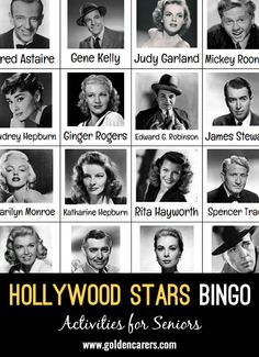 hollywood stars are shown in black and white with the words, hollywood stars bingo activities for seniors