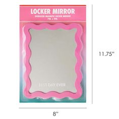 a pink and white frame with the words locker mirror on it's side