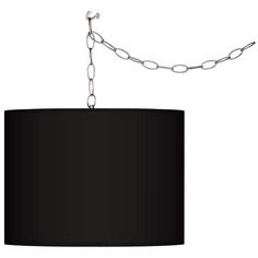 a black lampshade hanging from a chain