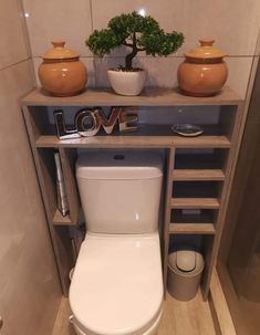 a white toilet sitting in a bathroom next to a shelf with two potted plants