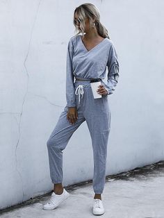 🚚FREE Shipping on orders over $80 ✨ use Code: "Mylook" for Extra Discount at checkout Women Casual V Neck Long Sleeve Solid Color Crop Top and Long Pants Two Piece Sportswear Suit Sporty Gray Loungewear Sets, Sporty V-neck Loungewear Activewear, Sporty V-neck Activewear, Gray Athleisure Sets For Loungewear, Gray Athleisure Loungewear Sets, Spring V-neck Activewear For Loungewear, Athleisure Long Sleeve Loungewear Set, Sporty Relaxed Fit Long Sleeve Sets, Women Loungewear