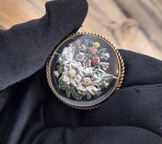 1930's Round Brooch with a 'C' clasp fastener  . Set with a domed reverse carved intaglio lucite panel . The setting is gilt with a rope twist edge ( see pics)  . Floral design with three larger flowers as well as a spray of smaller flowers and leaves . Please check out my other jewellery listed in antique bijouterie . Measurements approx . diameter 3.5 cm ( just under 1 1/2") . Condition : Already  90 years + old and still in excellent wearable condition with a clean highly polished face and am Lucite Jewelry, Rope Twist, Vintage Nursery, Large Flowers, Flower Brooch, Small Flowers, Favorite Jewelry, Vintage Shops, Theater