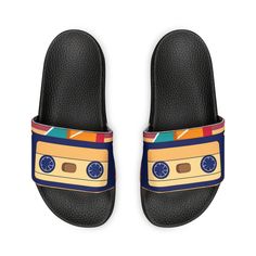 Take on the summer heat with style thanks to these Let the Music Play slide sandals. Made with PU outsoles and an edge-to-edge strap that will never peel, crack, or fade, these sandals feature a high-end quality factor comparable to household-name brands. The straps are made with neoprene and polyester to avoid chafing while the ergonomic sole keeps discomfort at bay. Match these with the Let the Music Play two piece swim set and have a great time! .: Material: 100% PU (polyurethane) outsoles / Retro Open Toe Sandals For Beach, Open Toe Sport Sandals For Summer Streetwear, Non-slip Open Toe Flip Flops For Streetwear, Summer Slide Sport Sandals With Rubber Sole, Non-slip Sandals For Summer Streetwear, Flat Non-slip Sandals For Streetwear, Retro Open Toe Sandals With Rubber Sole, Summer Sport Sandals With Branded Insole And Slide Shape, Summer Sport Sandals With Branded Insole