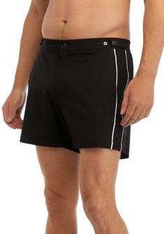 Designed to look like regular shorts from the front, these swim trunks from Michael Kors help you transition seamlessly from the beach to the boardwalk. | Michael Kors Men's Solid Piped Swim Trunks, Black, 2XL Black Short Swim Trunks For Water Sports, Black Short Swim Trunks For Swimwear, Black Swim Trunks For Water Sports, Black Short Length Swim Trunks For Water Sports, Black Beachwear Shorts For Pool, Black Summer Shorts For Pool, Black Swimwear For Water Sports, Water Sports Bottoms With Built-in Shorts In Black, Black Beachwear Shorts For Water Sports