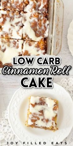 low carb cinnamon roll cake on a white plate with the words low carb cinnamon roll cake