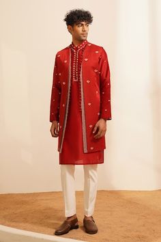 Red bundi with bead embellished zari and zardozi embroidered floral butti patterns. Comes with an embellished inner kurta and pant. - Aza Fashions Collar Kurta, Kurta Set Men, Nehru Jacket, Silk Kurta, Kurta Set, Embroidered Silk, Mandarin Collar, Aza Fashion, Online Design